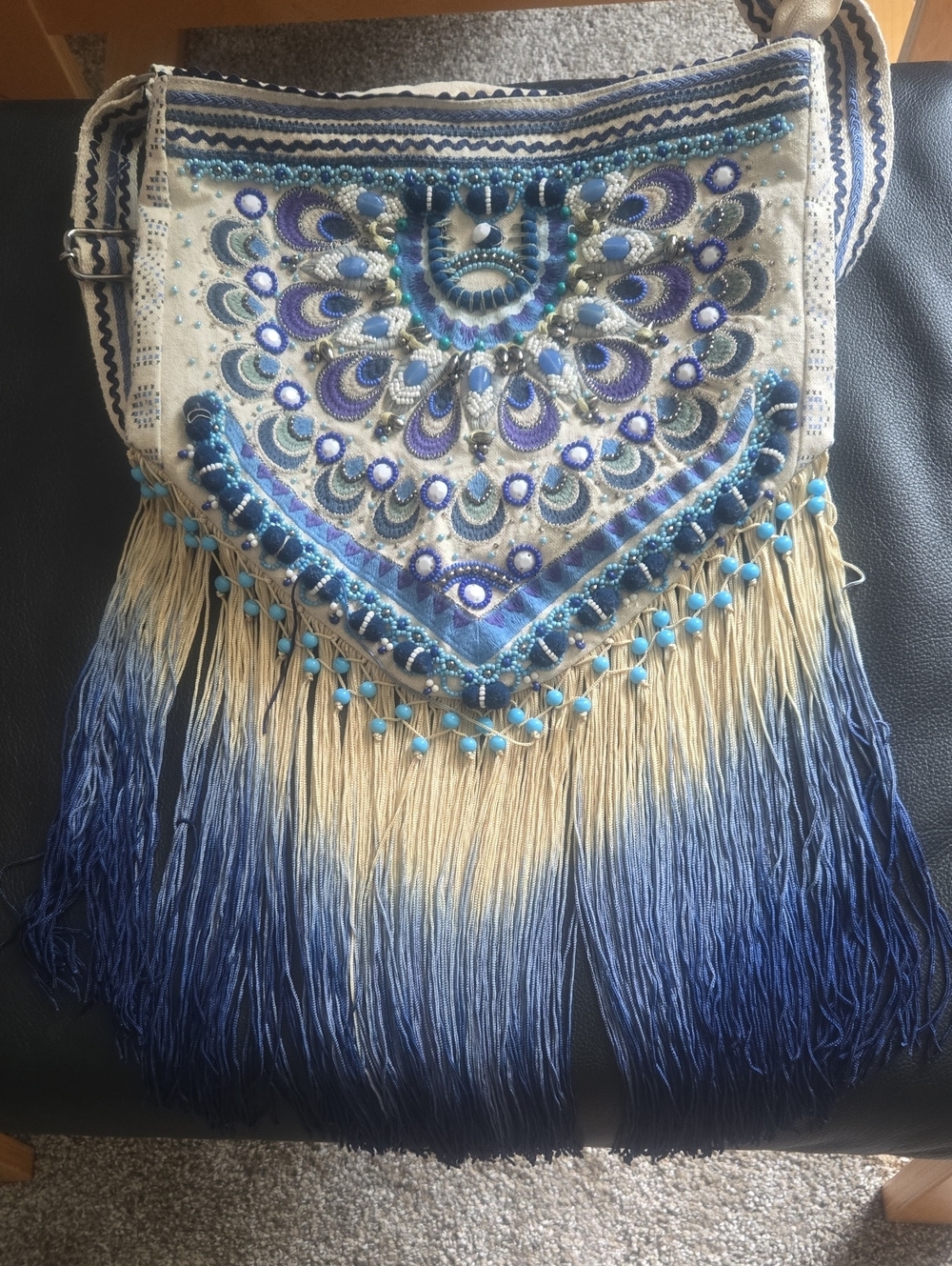 Bohemian Embroidered Fringe Crossbody Bag - Blue and Cream